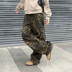 Hearujoy Y2k Retro Punk Baggy Jeans Multi Pocket Leopard Print Cargo Pants Women Slouchy Hip Hop Straight Wide Leg Pants Streetwear