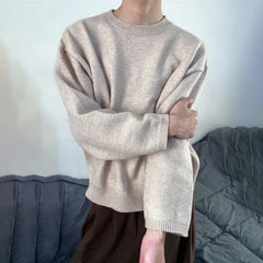 Hearujoy Mens Autumn Japanese Lazy Style Sweater 23 New Essential Round Neck Loose Casual Simple Solid Color Long-Sleeve Sweater For Men