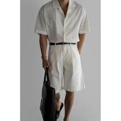 HEARUJOY - Summer Black Short Sleeved Shirt Men Oversized Beige Casual Shirt Streetwear Men Korean Loose Hollow Shirt Mens Hawaiian Shirts