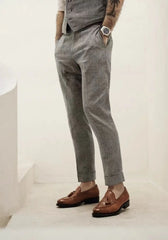HEARUJOY - Vintage Naples Linen Pants Men British Style High Waist Slim Fit Trousers Spring Summer Fashion Casual Ankle-Length Suit Pants