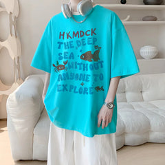YICKYUE - Mens Oversized T Shirt White 5XL Men's Cotton T-shirts Summer Casual Wear Fish Letter Print Tee Shirts for Men Male Clothes
