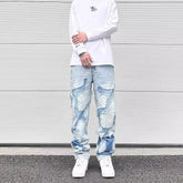 Hearujoy Streetwear Swag Style Blue Frayed Jeans Pants for Men Retro Washed Ripped Casual Tapered Denim Trousers Slim Fit Y2k Jean Male