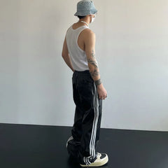 Hearujoy 2024 New Men's Spring Autumn Loose Straight Casual Mopping Sense Wide-leg Sports Pants High Street Style Leather Pants