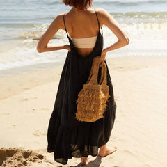 HEARUJOY - Beach Long Dress For Women Fashion Summer Casual Loose Backless Holiday Dress Sleeveless Line Ankle-length Dress