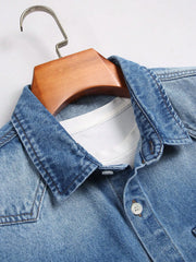 HEARUJOY - Men's Blue Denim Short-Sleeve Shirt for Spring/Summer, Casual, Wrinkle-Resistant, and Stain-Resistant