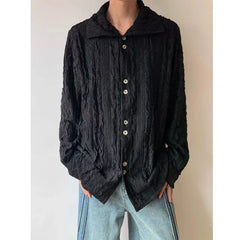 HEARUJOY - Men's French Style Vintage Pleated Textured High Collar Button Up Shirt Spring Autumn Y2K Harajuku Solid Long Sleeve Loose Tops