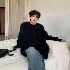 Hearujoy Korean Fashion Black Jumper Beaded Decoration Autumn and Winter Streetwear High Street Loose Pullover Men Gothic Harajuku Jumper