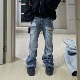 Hearujoy Distressed Vintage Hole Ripped Blue Flare Jeans Pants for Men and Women Streetwear Casual Baggy Denim Trousers Oversized Cargos