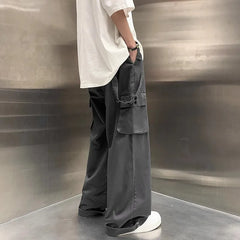 Hearujoy Wide Leg Cargo Pants Men Gray Casual Cargo Trousers Male Loose Streetwear Hip Hop Pocket Safari Style Men Clothing