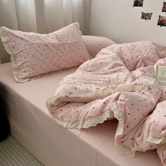 YICKYUE - Pink Polka Dot Lace Washed Cotton Bedding Set Three Piece Pure Cotton Student Duvet Cover Cotton Quilt Cover All Cotton Sheet