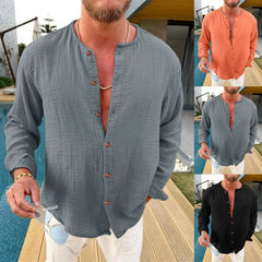 YICKYUE - Trendy Wrinkle-Free Formal Dress Men'S Shirt Male Casual Solid Fold Shirt Collarless Long Sleeve Button Shirt Blouse Ropa Hombre