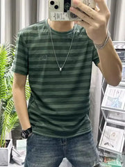HEARUJOY - Man Tee Shirts O Neck Striped Apricot Cotton Linen T Shirt for Men Short Quarter Sleeve Summer Basic Cheap Clothes Ordinary Top