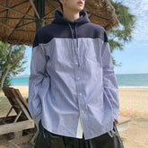 Hearujoy Spring Autumn Simple Temperament Loose Casual Fashion Oversized Versatile Striped Hooded Shirt Single-Breasted Spliced Tops