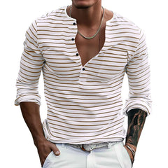 HEARUJOY - Men's Spring and Autumn Long Sleeve V-neck Button-down T-shirt Slim-fit Henley Shirt Horizontal Striped Top