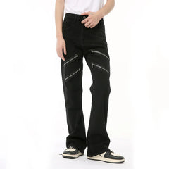 Hearujoy Male Black Denim Pants High Street Patchwork Multi Zipper Slim Boot Cut Loose Men¡®s Jeans Summer Tide 9C6689