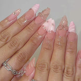 YICKYUE - 24pcs Ins Pink French Fake Nails 3D Sweet Bow Decor Press on Nails Full Cover Y2k Diamond Star Almond Head False Nail Patches