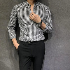 HEARUJOY - Men's Black White Small Checkered Long Sleeve Shirt Slimming Versatile Slim Fit All Season Spring Top