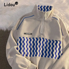 HEARUJOY - Spring Autumn Patchwork Fashion Plaid Y2K Sweatshirts Man Half Zip Harajuku Pullover Tops Oversized Chic Streetwear Male Clothes
