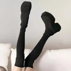 Hearujoy Chunky Heel Knitted Elastic Boots Women 2024 Winter Sexy High Heel Wool Warm Cotton Boots Comfort Knee Platform Shoe Botas Mujer