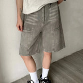 HEARUJOY - American Mens Summer Denim Shorts Trendy Retro Multiple Pockets Punk Mid Pants Tooling Loose Cowboy Five Quarter Pants Male
