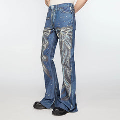Hearujoy Butterfly Knot Rivet Print Blue Washed Baggy Flare Jeans for Men and Women Streetwear Patchwork Loose Denim Trousers