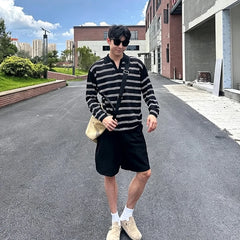 YICKYUE - American Style Striped Color-blocking Polo Shirt Men Summer Thin Ice Silk Sunscreen V-neck Long Sleeve Top Fashion Versatile Tee