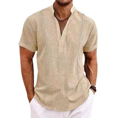 HEARUJOY - Men's Shirt Cotton Linen Blouse Spring Summer Casual Solid Stripe Short Sleeve Male Shirts Pullover Tees Shirts Men Clothes