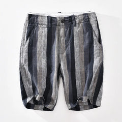 HEARUJOY - Streetwear Contrast Striped Linen Short Pants Horizontal Comfortable Summer Casual Mens Straight Tube Loose Capris Beach Shorts