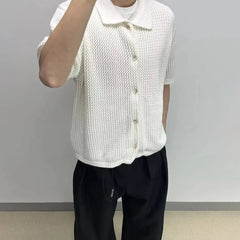 HEARUJOY - Men's Solid Color Hollow Short-Sleeved Shirt American Retro Fashion Trend Leisure Loose Breathable Niche Summer New Men's Tops