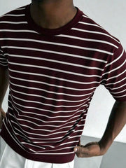 YICKYUE - High Quality Ice Silk Knitted T-shirt For Men Short Sleeved Round Neck Knitwear Summer Fashion Stripe Kint Tops Men's Clothing