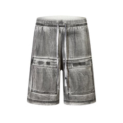 Hearujoy High Street Front Pockets Graffiti Painted Drawstring Cargo Shorts for Men and Women Straight Baggy Casual Five Point Pants