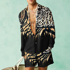 HEARUJOY - 3D Leopardl Print Men Beach Suits Long Sleeve Lapel Shirts And Shorts Two Piece Set Fashion Hawaiian Casual Loose Outfits