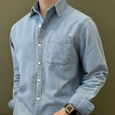 HEARUJOY - Lapel Collar Cotton Blend Denim Shirt Long Sleeve Shirt Retro Shirt British Versatile Casual Shirt Man Camisa Social Masculina