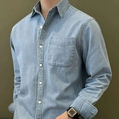 HEARUJOY - Lapel Collar Cotton Blend Denim Shirt Long Sleeve Shirt Retro Shirt British Versatile Casual Shirt Man Camisa Social Masculina