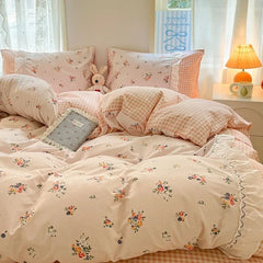 YICKYUE - French Pastoral Princess Style Duvet Cover Set New Ruffles Lace Flowers Bow Bed Sheets Set For Girls Luxury Bedding Set