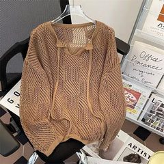 HEARUJOY - Men V-neck Long Sleeve Knit Shirts Loose Elastic Hollow knit Sweater T-shirt Slightly Transparent Knitted Sweaters Streetwear