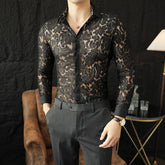 YICKYUE - Sexy Men's Mesh See Through Fishnet Lace Shirts Long Sleeved Slim Fit Transparent Shirt for Men Nightclub Prom Camisa Masculina