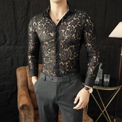 YICKYUE - Sexy Men's Mesh See Through Fishnet Lace Shirts Long Sleeved Slim Fit Transparent Shirt for Men Nightclub Prom Camisa Masculina