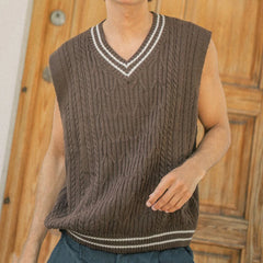HEARUJOY - Men's Color Matching Knitted Sleeveless Vest Retro Fashion Trend Simple Casual Loose Breathable Summer New Men's Tops