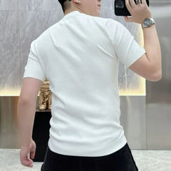 HEARUJOY - Men Korean Fashion Rhinestone Luxury Jacquard Knitted T Shirt Summer High Street White Round Neck Short Sleeve Slim Basic Tops