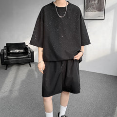 Hearujoy 8XL-M Men Casual Sports Set Trendy Men's Glitter Short Sleeve Tshirts+Shorts Fashionable Clothes Oversized T-shirt White/Black