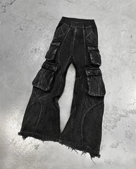 Hearujoy American Vintage Gothic Black Y2K Washed Multi-Pocket Spliced Raw Edge Jeans Mens Loose Street Trend Hip Hop Rap Wide Leg Pants