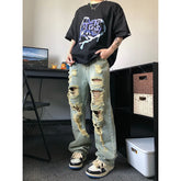 Hearujoy American Y2k Street Hip-hop Heavy Industry Ripped Men's Jeans Spring Straight Loose Vibe Style Street Dance Trendy Pants