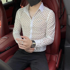 Hearujoy Mens Sexy Slim-Fit Perspective Plaid Mesh Long-Sleeved Shirt Autumn Trend Nightclub Hollow Personality Tight Thin Top For Men