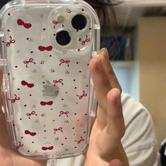 YICKYUE - Full Screen Cherries and Bows Small Floral Print Phone Case For iPhone 17 AIR 16 15 14 13 12 11 Pro XSMAX MINI XR Plus Y2K Cover