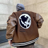 Hearujoy Autumn And Winter American Retro Baseball Jacket Men Letter Globe Embroidered Patchwork Casual Leather Sleeve Pilot Loose Jacket
