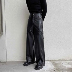 Hearujoy Men's Trousers New Fashionable PU Leather Wide Leg Casual Pants Korean Style Versatile Baggy Strtwear Trend Male C2993