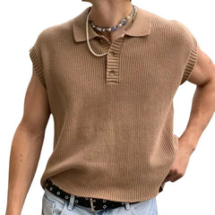 HEARUJOY - Fashion Mens Knit Polo Shirt Sleeveless Lapel Button Loose Tee Tops Spring Summer Casual Trend Polos Tshirt Men Clothing