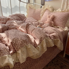 YICKYUE - 3/4pc Ruffle Bedding Set Soft Washed Cotton Duvet Cover Set+ Bed Sheet+Pillowcases Leopard Dot Single Full Queen Home Bedclothes