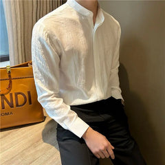 HEARUJOY - Long-sleeved Stand-collar Pleated Shirt Men's Summer Seaside Vacation Style Casual and Versatile Solid Color Spring Autumn Shirt